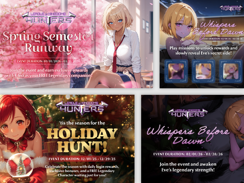 LOKH seasonal event banners — Spring Semester Runway, Whispers Before Dawn, Holiday Hunt